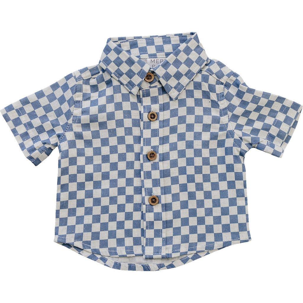 Blue Checkered Linen Button Up Shirt